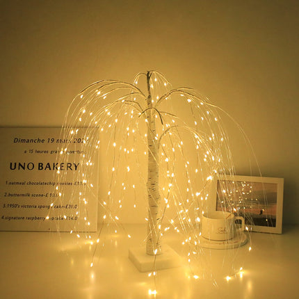 Elegant 50cm tall LED willow lamp with 7 modes - for living room and bedroom - Dual Power (USB and battery), warm white ambient light, Design - white.
