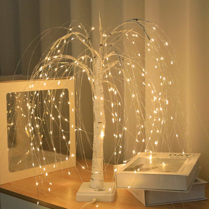 Elegant 50cm tall LED willow lamp with 7 modes - for living room and bedroom - Dual Power (USB and battery), warm white ambient light, Design - white.
