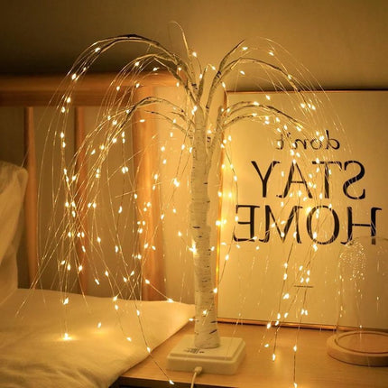 Elegant 50cm tall LED willow lamp with 7 modes - for living room and bedroom - Dual Power (USB and battery), warm white ambient light, Design - white.