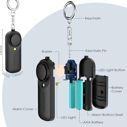 Personal Alarm - 130 dB - Security Siren - Self-Defense Siren - With LED Light-Up Keyring - For Children, Women, Students and Seniors (Black).