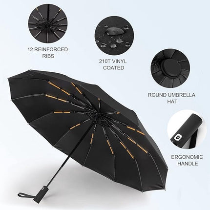 Folding umbrella, safety umbrella, windproof, pocket umbrella, automatic open and close, 105 cm, golf umbrella, 12 reinforced fiberglass ribs, 210T nylon umbrella, travel umbrella with UV protection.