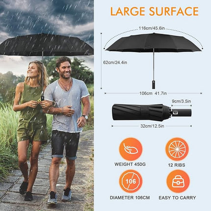 Folding umbrella, safety umbrella, windproof, pocket umbrella, automatic open and close, 105 cm, golf umbrella, 12 reinforced fiberglass ribs, 210T nylon umbrella, travel umbrella with UV protection.