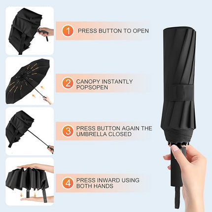 Folding umbrella, safety umbrella, windproof, pocket umbrella, automatic open and close, 105 cm, golf umbrella, 12 reinforced fiberglass ribs, 210T nylon umbrella, travel umbrella with UV protection.