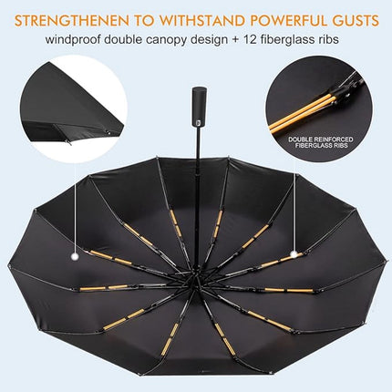 Folding umbrella, safety umbrella, windproof, pocket umbrella, automatic open and close, 105 cm, golf umbrella, 12 reinforced fiberglass ribs, 210T nylon umbrella, travel umbrella with UV protection.