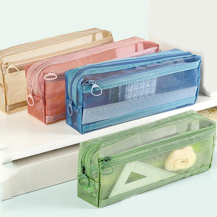 Double-layer mesh pencil case, large capacity pencil case, transparent pencil case for students, green.