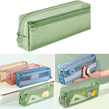 Double-layer mesh pencil case, large capacity pencil case, transparent pencil case for students, green.