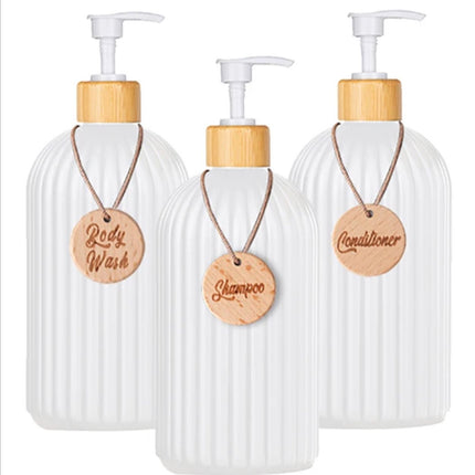 Set of 3 pump bottles, 500 ML, White, plastic and bamboo soap dispenser, refillable shampoo bottle..