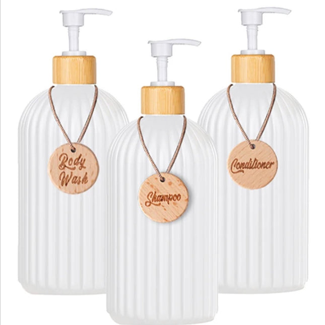 Set of 3 pump bottles, 500 ML, White, plastic and bamboo soap dispenser, refillable shampoo bottle..