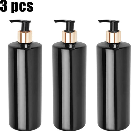Set of 3 pump bottles, 500 ML, plastic soap dispenser, black/gold color, refillable shampoo bottle..