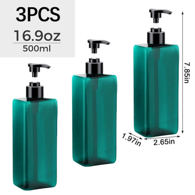 Set of 3 Pump Bottles, 500 ML, Turquoise Plastic Soap Dispenser, Refillable Shampoo Bottle..