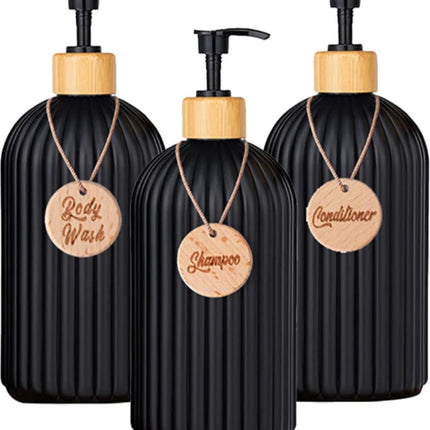 Set of 3 pump bottles, 500 ML, Black, plastic and bamboo soap dispenser, refillable shampoo bottle..