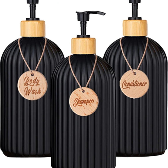 Set of 3 pump bottles, 500 ML, Black, plastic and bamboo soap dispenser, refillable shampoo bottle..