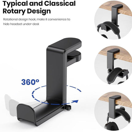 Headset Stand - Headset Holder - Rotating Headset Stand - Gaming Headset Stand - With 360-Degree Rotation and Cable Clip Organizer - Adjustable Clamp Mount Under Desk - Black.