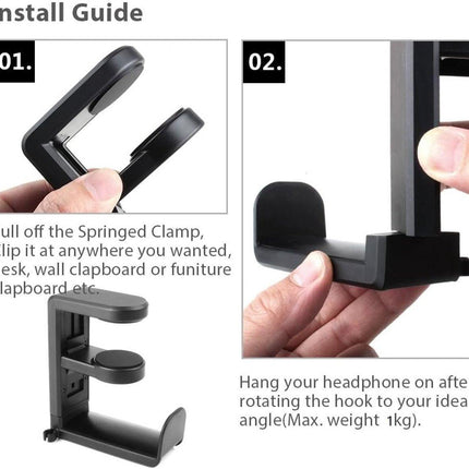 Headset Stand - Headset Holder - Rotating Headset Stand - Gaming Headset Stand - With 360-Degree Rotation and Cable Clip Organizer - Adjustable Clamp Mount Under Desk - Black.