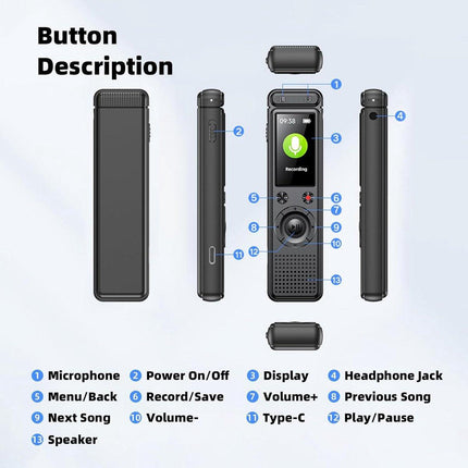 Voice Recorder - Dictaphone - Rechargeable - Portable - Clear Sound - Meetings, Interviews - 64 GB - Black.