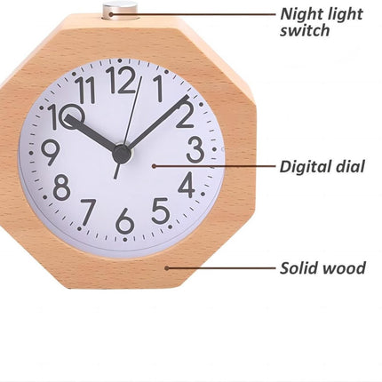 Wekker Wooden Alarm Clock, No Ticking, Silent, with Arabic Numerals, Backlit, Snooze Function, Battery Operated, for the Bedroom.