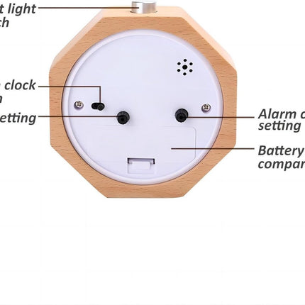 Wekker Wooden Alarm Clock, No Ticking, Silent, with Arabic Numerals, Backlit, Snooze Function, Battery Operated, for the Bedroom.