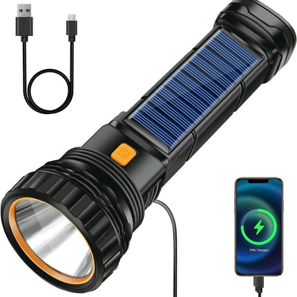 Solar Flashlight - Solar LED Flashlight - USB Rechargeable Solar Flashlight - Emergency Flashlight - 1200 mAh LED Flashlight with 3 Modes - Waterproof LED Flashlight Ideal for Outdoor Fishing Emergencies.