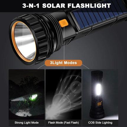 Solar Flashlight - Solar LED Flashlight - USB Rechargeable Solar Flashlight - Emergency Flashlight - 1200 mAh LED Flashlight with 3 Modes - Waterproof LED Flashlight Ideal for Outdoor Fishing Emergencies.