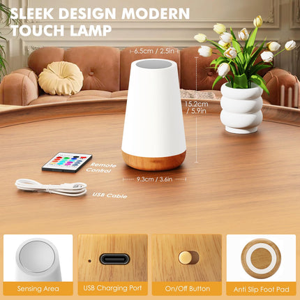 LED Table Lamp - Touch-Sensitive LED Bedside Lamp - Desk Lamp - Dimmable Remote Control with RGB Color Changing - USB Rechargeable - Portable Table Lamp - Bedroom, Living Room, Camping.