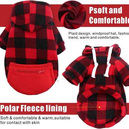 Dog Coat - Plaid Sweater - Warm Dog Coat - Zippered Pockets - Soft Brushed Fleece Hoodie - Winter Coat for Small Dogs - Perfect from Sizes S to 3XL - Warm Dog Clothes - Dog Outerwear.