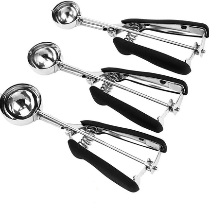 3-Piece Ice Cream Scoop Set - Stainless Steel Ice Cream Scoop - Ball Scoop - With Non-Slip Handle - For Fruit, Cookies, and Frozen Sorbets - Black.