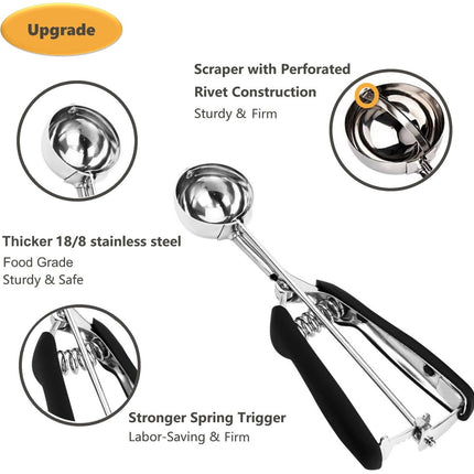 3-Piece Ice Cream Scoop Set - Stainless Steel Ice Cream Scoop - Ball Scoop - With Non-Slip Handle - For Fruit, Cookies, and Frozen Sorbets - Black.