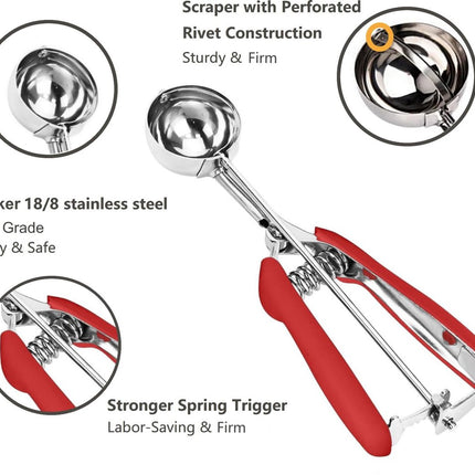 Ice Cream Scoop - Stainless Steel Ice Cream Scoop - Ball-Shaped Scoop - With Non-Slip Handle - For Fruit, Cookies, and Frozen Sorbets - Red.