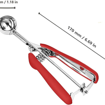Ice Cream Scoop - Stainless Steel Ice Cream Scoop - Ball-Shaped Scoop - With Non-Slip Handle - For Fruit, Cookies, and Frozen Sorbets - Red.