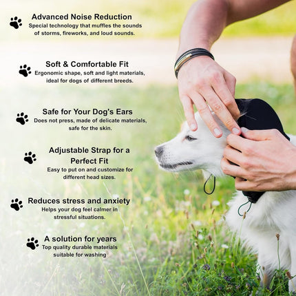 Noise-canceling ear protection for dogs - Protection against fireworks and thunderstorms - Washable and noise-canceling - Warm design - Suitable for all dog breeds - Black, size XL.