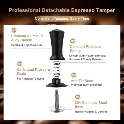 Tamper - Coffee tamper - Espresso tamper - 58 mm espresso tamper - Aluminum and stainless steel espresso tamper - Ergonomic self-leveling tamper - For baristas - Black.