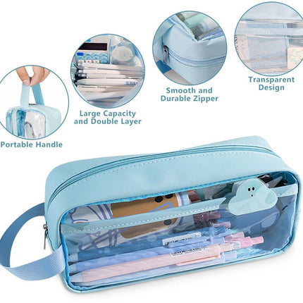 Transparent pencil case - Blue - Groot - 21 x 9 x 7 cm - For School, Boys, Girls and Adults - Pencil Case.