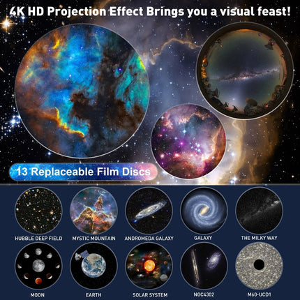360° Starry Sky Night Projector with Solar System, Moon, Nebula, Galaxy, and Astronaut - Projector for Children and Adults - Mood Light - Bedroom Mood Light - Star Projector - Galaxy Projector - Starry Sky - White.