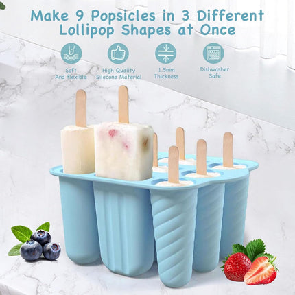 9-Cavity Ice Cream Mold - Silicone Ice Cream Mold - Ice Cream Mold - Reusable Ice Cream Mold - Easy to Disassemble - BPA-Free Ice Cream Maker for Kids - Ice Cream Mold - DIY Ice Cream Mold - Blue.
