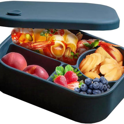 Silicone Lunch Box – For children and adults – Four-compartment lunch box – Leakproof lunch box – For school, picnics and parks (Blue).