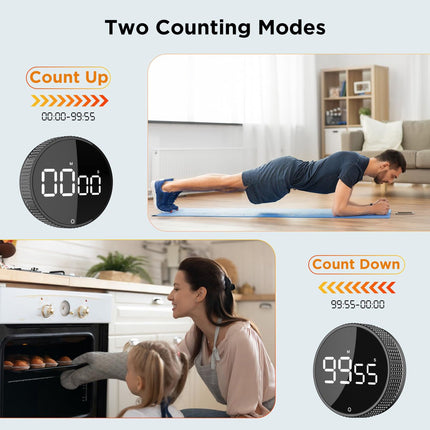 Digital Timer - Digital Kitchen Timer - Smart Timer - LED Display - Magnetic - 360° Rotation - BBQ Alarm Clock - Silver.