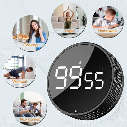 Digital Timer - Digital Kitchen Timer - Smart Timer - LED Display - Magnetic - 360° Rotation - BBQ Alarm Clock - Silver.