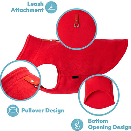 Dog Coat - Fleece Dog Vest - Winter Dog Coat - Warm Dog Coat - Fleece Dog Sweater - Ring Leash - Perfect for Small and Medium Dogs - Red - Size M.