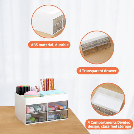 Multifunctional desk organizer with 4 drawers and pen holders, makeup organizer, for teachers, office, school, home, table decoration, white.
