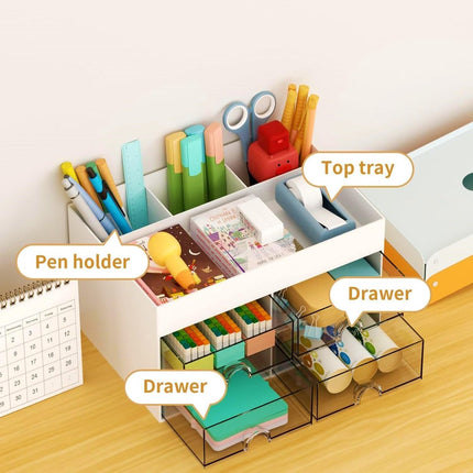 Multifunctional desk organizer with 4 drawers and pen holders, makeup organizer, for teachers, office, school, home, table decoration, white.