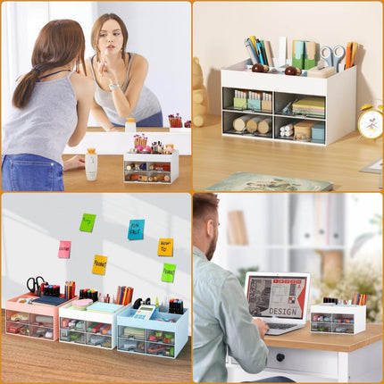 Multifunctional desk organizer with 4 drawers and pen holders, makeup organizer, for teachers, office, school, home, table decoration, white.