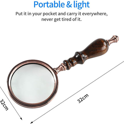 Magnifying glass - 10x magnification - 8.5 x 22.5 cm - wooden handle - Vintage - best reading magnifier.