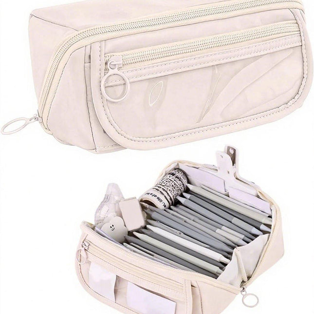 Pencil case - Pencil case for boys and girls - 20x8.5x8.5 cm - Canvas - Linen - Large capacity - School pencil case - Beige.