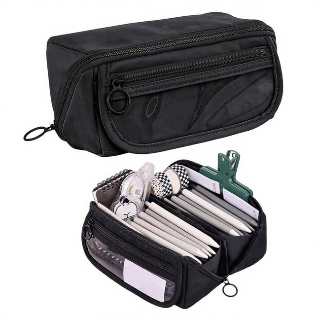 Pencil case - Pencil case for boys and girls - 20x8.5x8.5 cm - Canvas - Linen - Large capacity - School pencil case - black.