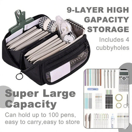 Pencil case - Pencil case for boys and girls - 20x8.5x8.5 cm - Canvas - Linen - Large capacity - School pencil case - black.