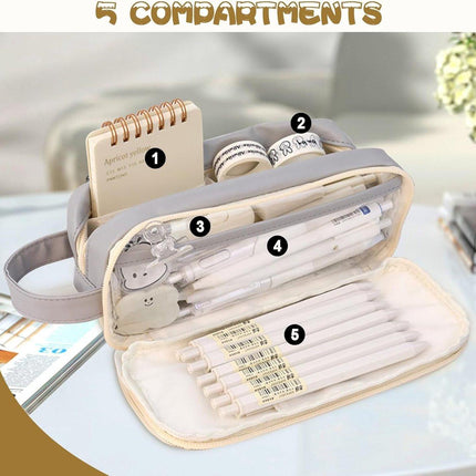 Pencil case, large capacity, suitable for boys and girls, waterproof, expandable, toiletry bag, makeup bag and office supplies, gray.