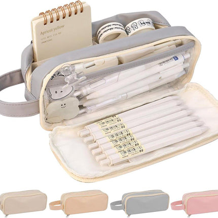 Pencil case, large capacity, suitable for boys and girls, waterproof, expandable, toiletry bag, makeup bag and office supplies, gray.