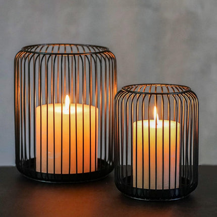 Set of 2 black metal candle holders, large oval candle holder, black decoration, metal wire lantern (Zwart).