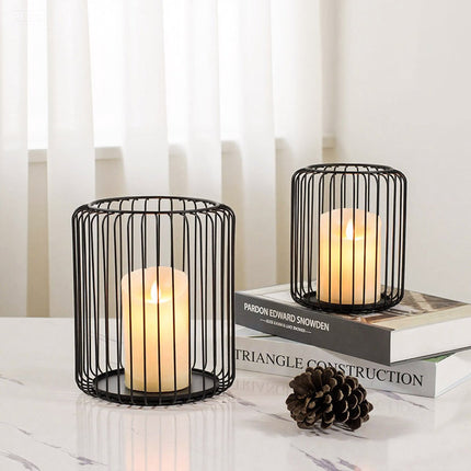 Set of 2 black metal candle holders, large oval candle holder, black decoration, metal wire lantern (Zwart).