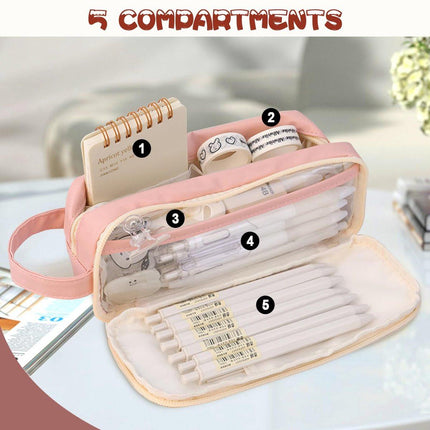 Pencil Case - Large Capacity - Waterproof and Expandable - Pencil Case for Boys and Girls - School Supplies - Suitable for Stationery, Makeup, Cosmetics, Travel, and Office Supplies - Pink.